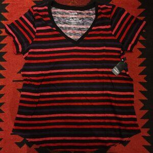 Torrid Women's V-Neck Striped Short Sleeve Classic Fit Top Size 0 Black/Red/Purp